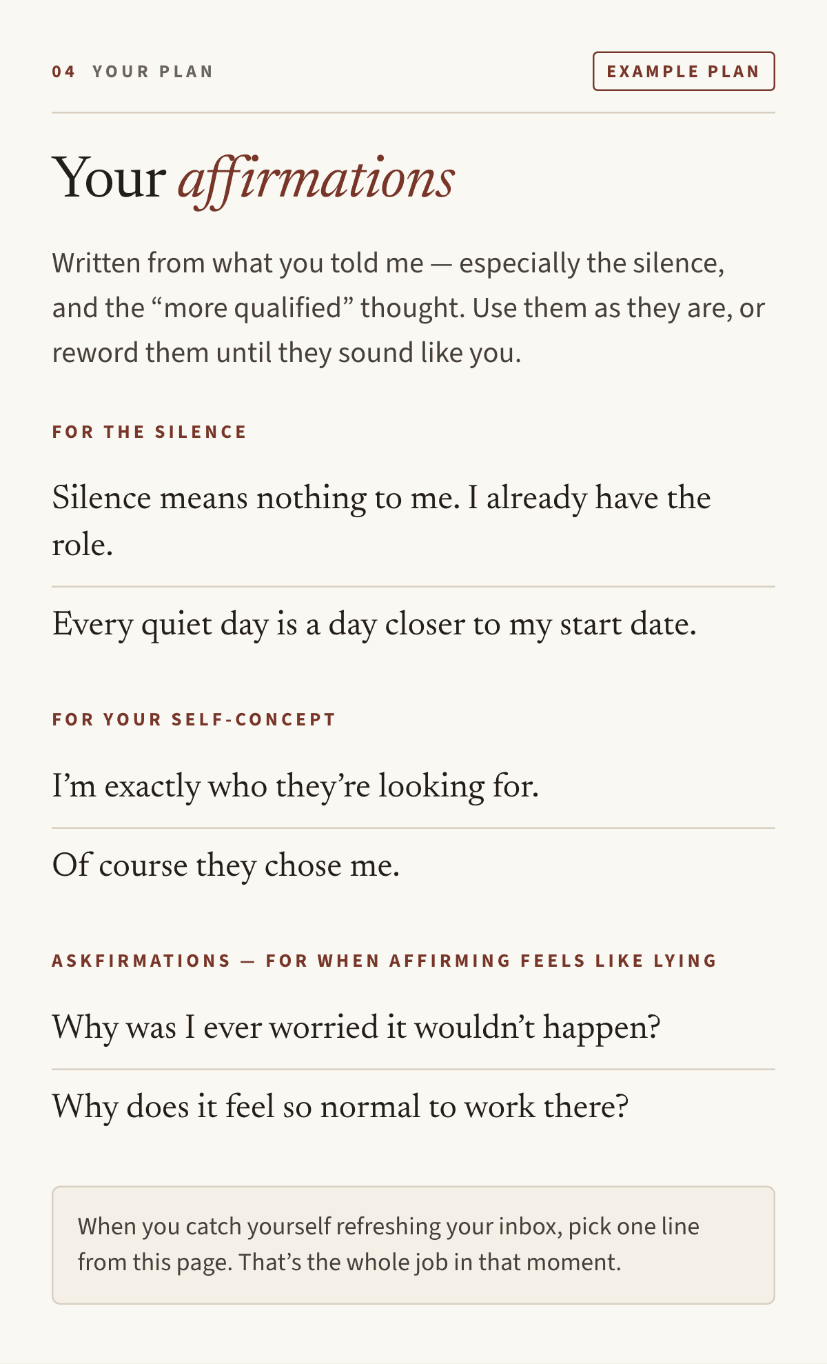 Example plan page, “Your affirmations”: affirmations for the silence, affirmations for self-concept, and askfirmations for when affirming feels like lying, written around the example client's specific worries.