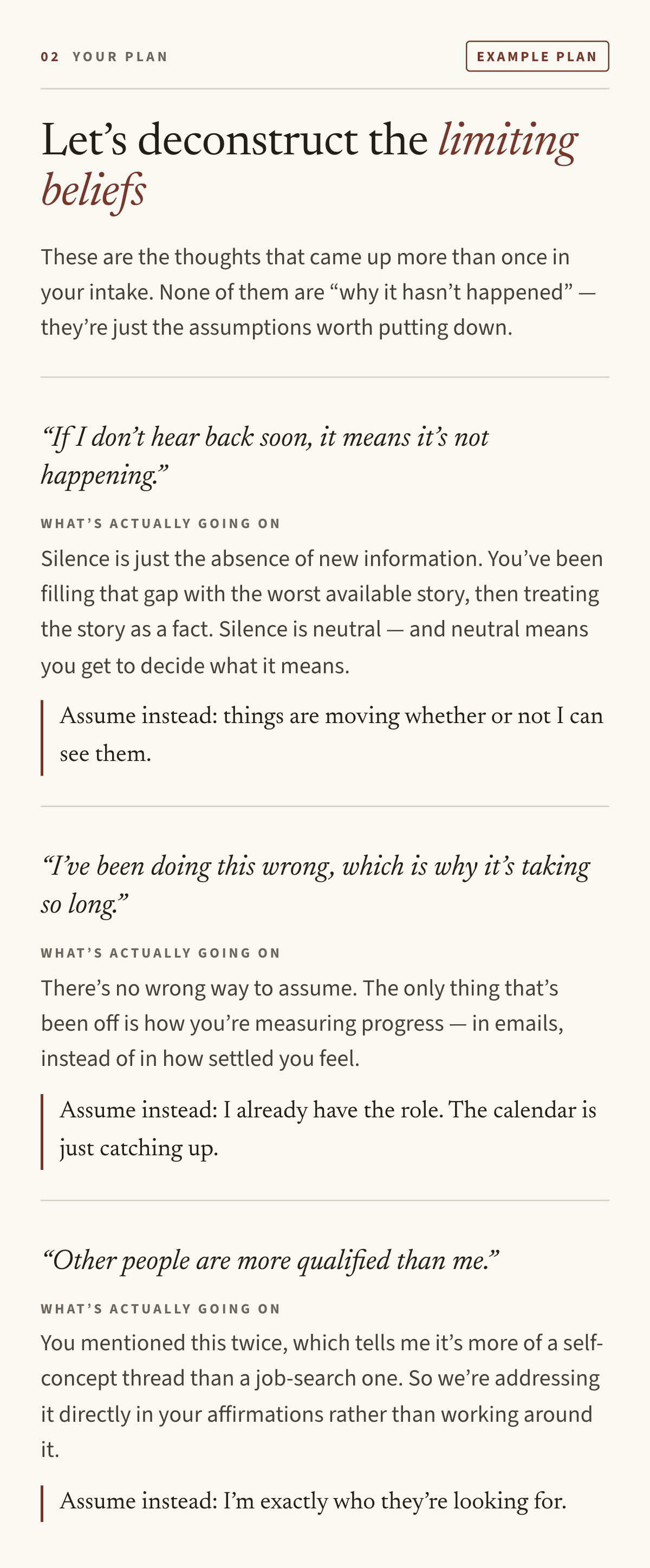 Example plan page, “Let's deconstruct the limiting beliefs”: three thoughts from the example intake, such as “If I don't hear back soon, it means it's not happening”, each with what's actually going on and an assumption to hold instead.