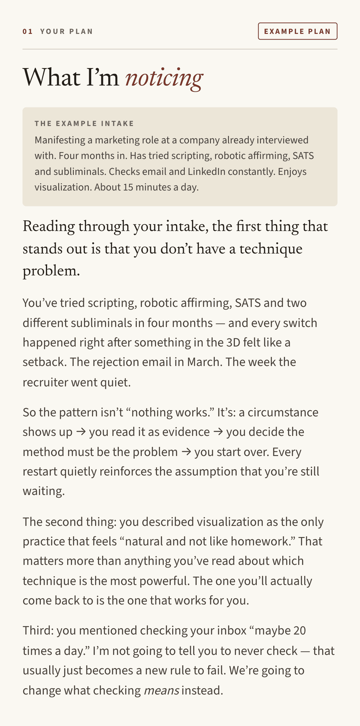 Example plan page, “What I'm noticing”: points out that the example client doesn't have a technique problem. Every switch followed a 3D setback, visualization is the practice they actually enjoy, and constant inbox-checking needs reframing rather than banning.