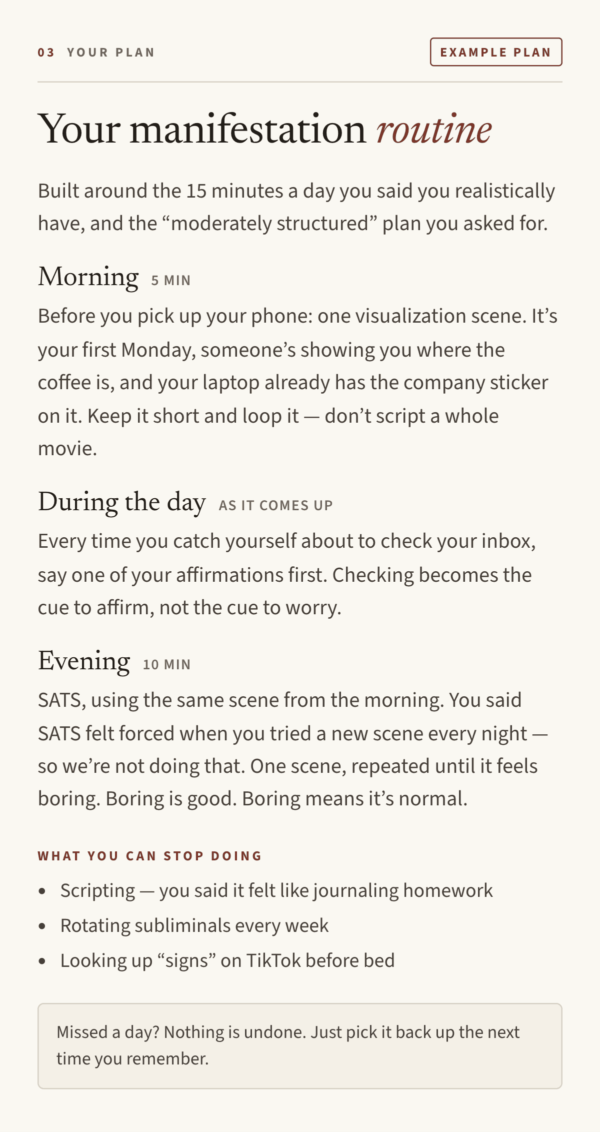 Example plan page, “Your manifestation routine”: a 15-minute day with a 5-minute morning visualization, affirming whenever the urge to check email comes up, and 10 minutes of SATS in the evening, plus what to stop doing.